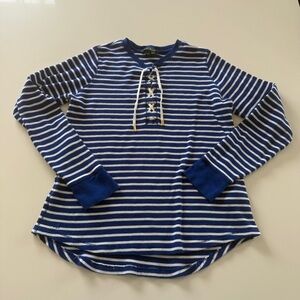 Ralph Lauren-Blue &White Stripe-Nautical-Long Sleeve-Costal- Tie Neck-Size XL
